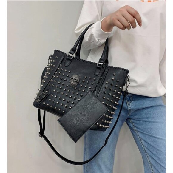 UTO Women's Black Faux Leather Skull Rivet Studded Large Tote Purse Handbag - Picture 5 of 16